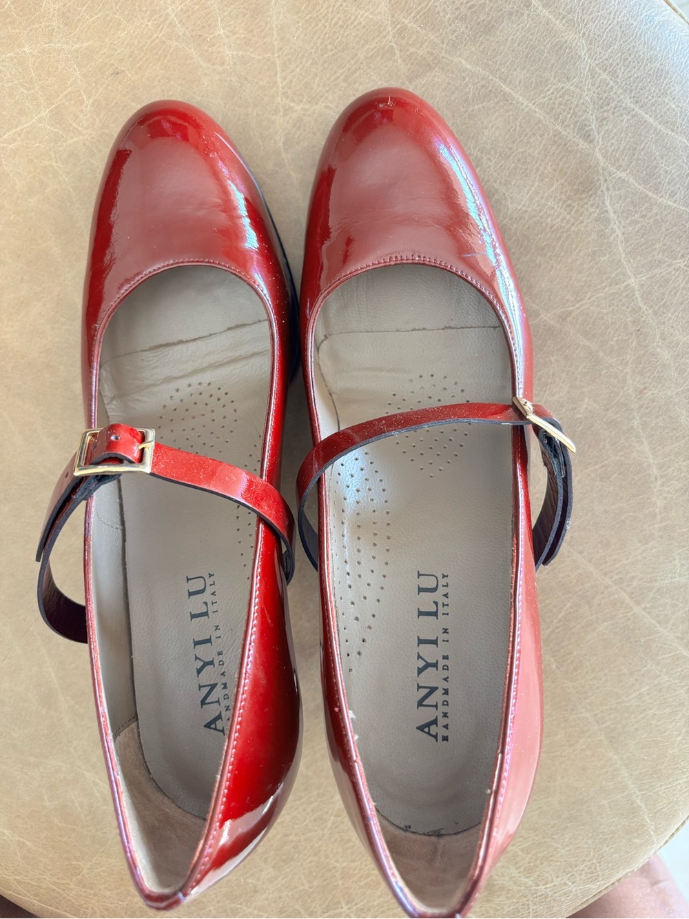 Anyi Lu Red Patent Mary Jane Flats with Buckle Strap
